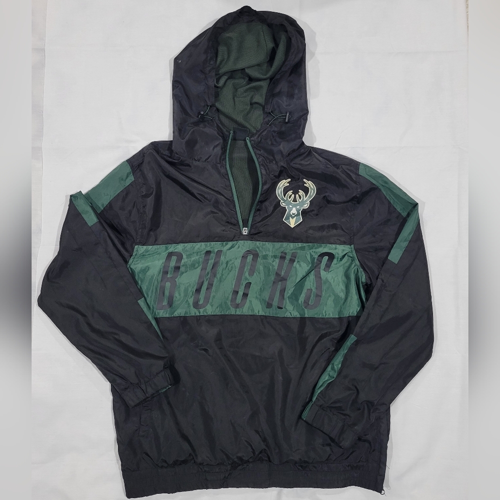Milwaukee Bucks Hooded Windbreaker Pullover Jacket Green Black NBA Fan Gear
